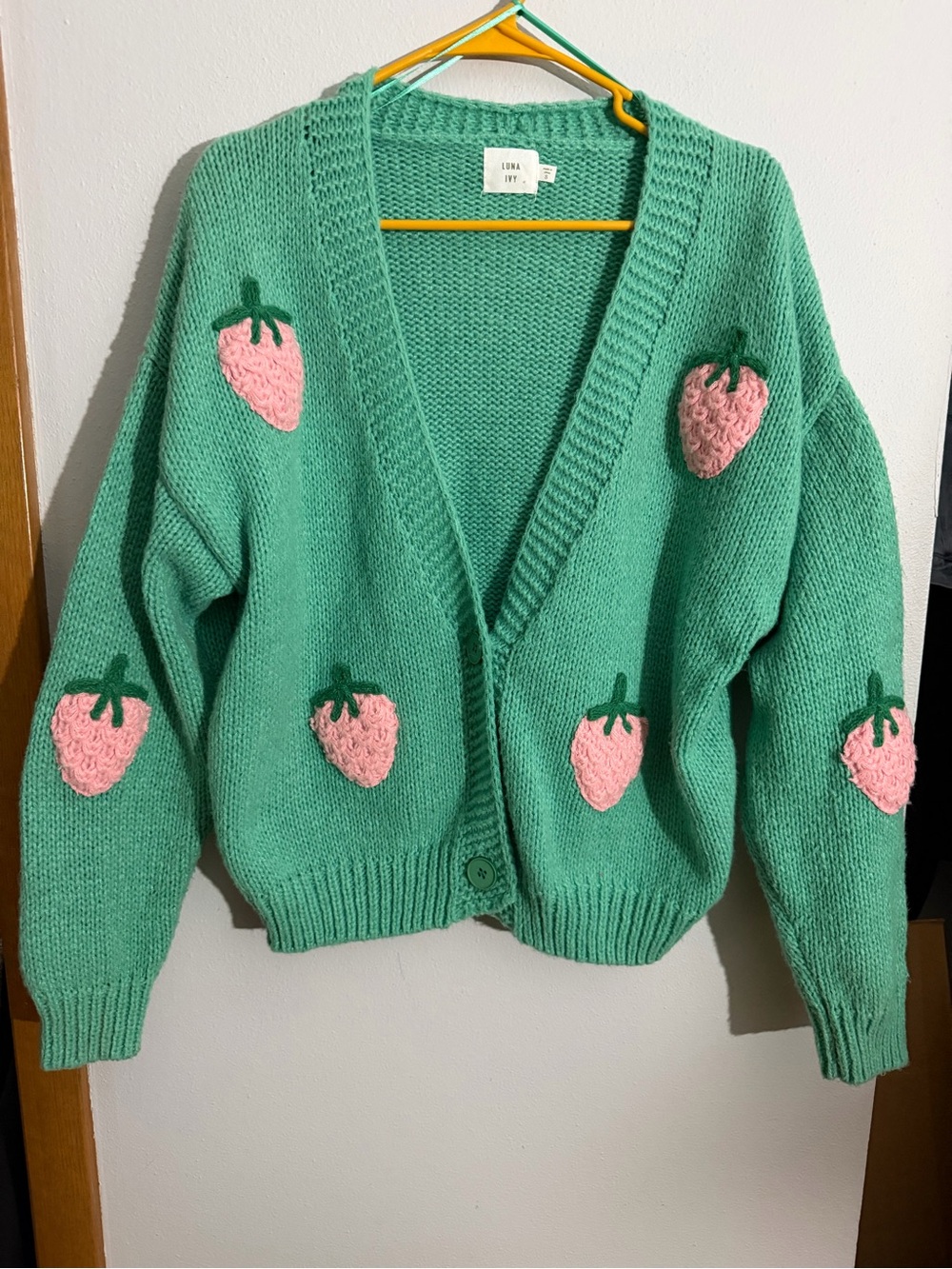 LOVE Mint Green Strawberry-Appliqué Knit Cardigan